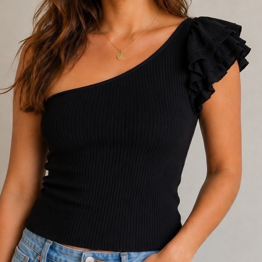 NWT Arula 3X Black One Shoulder Ruffle Top Ribbed Asymmetric Romantic Going Out
